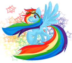 Size: 700x614 | Tagged: safe, artist:blaz-i-chan, rainbow dash, pegasus, pony, g4, abstract background, female, goggles, mare, open mouth, raised hoof, simple background, smiling, solo, spread wings, transparent background, wings