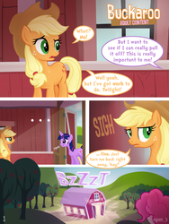 Size: 960x1280 | Tagged: safe, artist:syoee b, applejack, pinkie pie, twilight sparkle, comic:buckaroo, g4, ..., applejack's barn, applejack's hat, barn, comic, cowboy hat, cute, eye contact, frown, grin, hat, looking back, magic, raised eyebrow, sigh, smiling, squee, stetson, sweat, sweet apple acres, twiabetes, worried