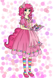 Size: 650x950 | Tagged: safe, artist:meowkin, pinkie pie, human, g4, apron, clothes, eared humanization, female, humanized, socks, solo, spots, striped socks, tailed humanization