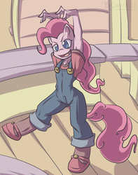 Size: 787x1000 | Tagged: safe, artist:countaile, pinkie pie, earth pony, anthro, g4, fangs, overalls