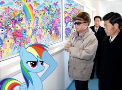 Size: 496x367 | Tagged: safe, edit, rainbow dash, human, pegasus, pony, g3, g4, female, irl, irl human, kim jong-il, male, mare, mural, photo, ponies in real life, rainbow dash salutes, salute