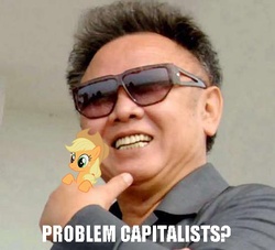 Size: 470x427 | Tagged: safe, applejack, g4, applestare, irl, kim jong-il, photo, ponies in real life, ship:applejong-il