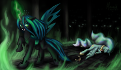 Size: 4137x2416 | Tagged: safe, artist:hirurux, princess celestia, queen chrysalis, alicorn, changeling, changeling queen, pony, g4, crown, defeated, female, fire, glowing horn, green fire, horn, jewelry, mare, open mouth, regalia