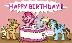 Size: 1280x766 | Tagged: safe, artist:blayaden, applejack, derpy hooves, pinkie pie, rainbow dash, earth pony, pegasus, pony, g4, birthday, female, happy birthday, mare, popping out of a cake, surprise cake