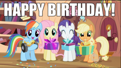 Size: 500x281 | Tagged: safe, edit, edited screencap, screencap, applejack, fluttershy, rainbow dash, rarity, g4, secret of my excess, birthday, dumbbell (object), weight, weights