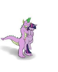 Size: 960x1200 | Tagged: safe, artist:lurking tyger, spike, twilight sparkle, pony, g4, cute, eyes closed, fangs, female, happy, holding a pony, hug, hug from behind, male, older, older spike, open mouth, simple background, smiling, teenage spike, white background