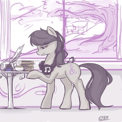 Size: 1200x1200 | Tagged: safe, artist:coin-trip39, octavia melody, pony, g4, alternate hairstyle, book, cup, female, headphones, inkwell, interior, ponytail, quill, solo, table, window