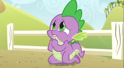 Size: 855x469 | Tagged: safe, screencap, spike, g4, my little pony: friendship is magic, spike at your service, fence, youtube caption