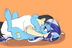 Size: 1008x669 | Tagged: safe, artist:madhotaru, minuette, human, pony, unicorn, g4, bedroom eyes, blushing, clothes, cuddling, duo, female, grin, hug, human fetish, human on pony action, human on pony snuggling, legs in air, male, mare, on back, smiling, snuggling, underhoof, wink