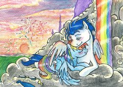 Size: 1024x726 | Tagged: safe, artist:ladydekaro, rainbow dash, soarin', g4, female, male, ship:soarindash, shipping, straight, traditional art