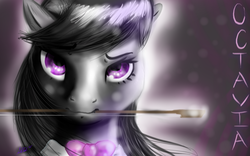 Size: 1600x998 | Tagged: safe, artist:theslteam, octavia melody, earth pony, pony, g4, bow (instrument), female, looking at you, mare, solo