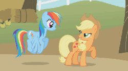 Size: 640x360 | Tagged: safe, screencap, applejack, rainbow dash, fall weather friends, g4, animated, brushing, duo, dusting, eyes closed, female, lidded eyes, prehensile tail