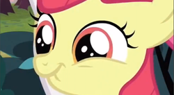 Size: 857x470 | Tagged: safe, screencap, apple bloom, earth pony, pony, g4, female, filly, smiling, solo, tree