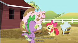 Size: 855x470 | Tagged: safe, edit, edited screencap, screencap, apple bloom, little piggington, spike, dragon, earth pony, pony, g4, bow, butt, caption, cloven hooves, female, filly, foal, mud, text, youtube caption