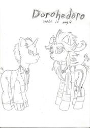 Size: 621x877 | Tagged: safe, artist:huopatossu, clothes, crossover, dorohedoro, monochrome, noi (dorohedoro), ponified, shin