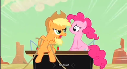 Size: 855x469 | Tagged: safe, screencap, applejack, pinkie pie, g4, the last roundup, hax, youtube caption