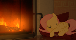 Size: 3376x1788 | Tagged: safe, artist:bushinio, artist:teiptr, fluttershy, pegasus, pony, g4, bed, fire, fireplace, ponies in real life, sleeping, solo, vector
