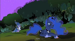 Size: 855x469 | Tagged: safe, screencap, princess luna, star swirl the bearded, twilight sparkle, g4, luna eclipsed, clothes, cosplay, costume, mom, nightmare night costume, sad, star swirl the bearded costume, twilight the bearded, what a twist, youtube caption