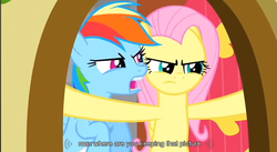 Size: 855x470 | Tagged: safe, screencap, fluttershy, rainbow dash, dragon quest, g4, youtube caption