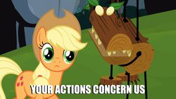 Size: 1000x563 | Tagged: safe, edit, edited screencap, screencap, applejack, earth pony, pony, g4, spike at your service, female, image macro, mare, timber wolf puppet