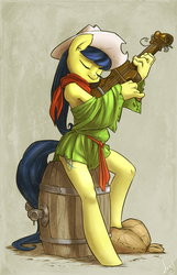 Size: 644x1000 | Tagged: safe, artist:atryl, fiddlesticks, earth pony, anthro, unguligrade anthro, g4, apple family member, barrel, cottagecore, eyes closed, female, fiddle, mare, musical instrument, sitting, solo, violin