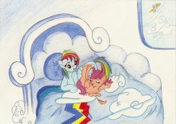 Size: 1024x723 | Tagged: safe, artist:louis badalament, rainbow dash, scootaloo, pegasus, pony, pony pov series, g4, alex warlorn, bed, cloudsdale, fanfic, fanfic art, female, filly, foal, lying down, lying on bed, on bed, reharmonized ponies, sleeping