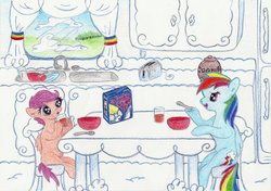 Size: 1024x721 | Tagged: safe, artist:louis badalament, rainbow dash, scootaloo, pegasus, pony, pony pov series, g4, alex warlorn, breakfast, cereal, cloudsdale, day, fanfic, fanfic art, female, filly, foal, reharmonized ponies, sitting, traditional art, window