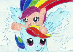 Size: 1024x729 | Tagged: safe, artist:louis badalament, rainbow dash, scootaloo, pegasus, pony, pony pov series, g4, alex warlorn, day, fanfic, fanfic art, female, filly, flying, foal, mare, reharmonized ponies, sky