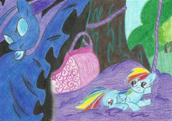 Size: 1024x721 | Tagged: safe, artist:louis badalament, mare do well, rainbow dash, pegasus, pony, pony pov series, g4, alex warlorn, balloon, day, fanfic, fanfic art, reharmonized ponies