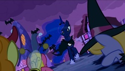 Size: 1136x640 | Tagged: safe, screencap, carrot top, cherry berry, cloud kicker, golden harvest, princess luna, bat, g4, luna eclipsed, my little pony: friendship is magic, season 2, bat cloak, cape, clothes, hat, ponyville, witch hat