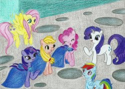 Size: 1024x730 | Tagged: safe, artist:louis badalament, applejack, fluttershy, mare do well, pinkie pie, rainbow dash, rarity, twilight sparkle, earth pony, pegasus, pony, unicorn, pony pov series, g4, alex warlorn, day, fanfic, fanfic art, mane six, mare do well costume, ponyville, reharmonized ponies, unicorn twilight