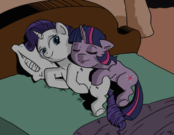 Size: 900x695 | Tagged: safe, artist:raph13th, rarity, twilight sparkle, g4, bed, duo, female, lesbian, ship:rarilight, shipping, sleeping