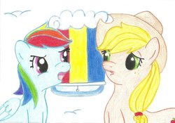 Size: 1024x718 | Tagged: safe, artist:louis badalament, applejack, rainbow dash, earth pony, pegasus, pony, pony pov series, g4, alex warlorn, cloudsdale, fanfic, fanfic art, reharmonized ponies