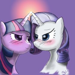 Size: 894x894 | Tagged: safe, artist:thefabledrarity, rarity, twilight sparkle, g4, blushing, horn, horns are touching, ship:rarilight, shipping