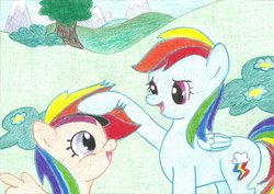 Size: 1024x726 | Tagged: safe, artist:louis badalament, rainbow dash, scootaloo, pegasus, pony, pony pov series, g4, alex warlorn, bush, day, fan, fanfic, fanfic art, fangirl, female, filly, flower, foal, looking at each other, looking at someone, mountain, reharmonized ponies, scootalove, traditional art, tree, wig, youtube link