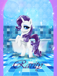 Size: 1500x2000 | Tagged: safe, artist:nikea777, rarity, g4, bath, bathroom, bubble, claw foot bathtub, solo, standing