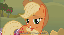 Size: 858x470 | Tagged: safe, screencap, applejack, g4, youtube caption