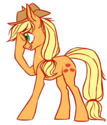 Size: 1024x1195 | Tagged: safe, artist:burgerphile, applejack, earth pony, pony, g4, female, grin, hat, raised hoof, simple background, solo