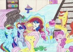 Size: 1024x727 | Tagged: safe, artist:louis badalament, applejack, carrot cake, cup cake, fluttershy, gummy, pinkie pie, rainbow dash, rarity, spike, twilight sparkle, dragon, earth pony, pegasus, pony, unicorn, pony pov series, g4, alex warlorn, fainting couch, fanfic, fanfic art, jaw drop, mane seven, reharmonized ponies, shock, sugarcube corner, unicorn twilight