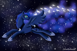 Size: 3136x2088 | Tagged: safe, artist:silverarrow87, princess luna, alicorn, butterfly, pony, g4, flying, looking back, night, night sky, sky, stars