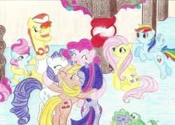 Size: 1024x734 | Tagged: safe, artist:louis badalament, applejack, carrot cake, cup cake, fluttershy, gummy, pinkie pie, rainbow dash, rarity, spike, twilight sparkle, dragon, earth pony, pegasus, pony, unicorn, pony pov series, g4, alex warlorn, fanfic, fanfic art, group hug, mane seven, reharmonized ponies, sugarcube corner, unicorn twilight