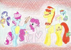 Size: 1024x721 | Tagged: safe, artist:louis badalament, applejack, carrot cake, cup cake, fluttershy, gummy, pinkie pie, rainbow dash, rarity, spike, twilight sparkle, dragon, earth pony, pegasus, pony, unicorn, pony pov series, g4, alex warlorn, argument, fanfic, fanfic art, reharmonized ponies, rolling pin, sugarcube corner, unicorn twilight