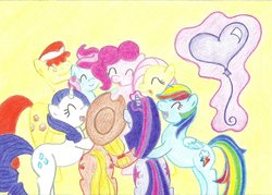 Size: 1024x734 | Tagged: safe, artist:louis badalament, applejack, carrot cake, cup cake, fluttershy, pinkie pie, rainbow dash, rarity, twilight sparkle, earth pony, pegasus, pony, unicorn, pony pov series, g4, alex warlorn, balloon, fanfic, fanfic art, group hug, heart balloon, unicorn twilight