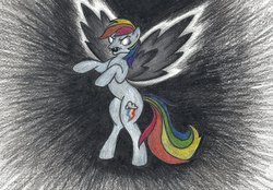 Size: 1024x713 | Tagged: safe, artist:louis badalament, rainbow dash, pegasus, pony, pony pov series, g4, alex warlorn, fanfic, fanfic art, fangs, nightmare, nightmare manacle, nightmare rainbow dash, nightmarified, rearing, reharmonized ponies, youtube link