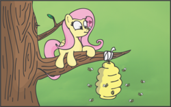 Size: 1920x1200 | Tagged: safe, artist:finalflutter, fluttershy, bee, pegasus, pony, g4, bandage, beehive, female, insect on nose, solo, tree