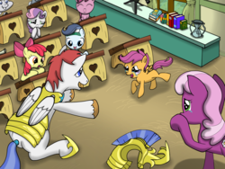 Size: 2048x1536 | Tagged: safe, artist:that1andonly, apple bloom, cheerilee, ruby pinch, scootaloo, shady daze, silver spoon, sweetie belle, truffle shuffle, oc, earth pony, pegasus, pony, unicorn, g4, armor, classroom, colt, crowning moment of heartwarming, crying, cute, cutealoo, cutie mark crusaders, daaaaaaaaaaaw, debunked, father, father and child, father and daughter, feels, female, filly, foal, good end, happy, happy feels, heartwarming, heartwarming in hindsight, helmet, hilarious in hindsight, homecoming, hoof shoes, male, mare, open mouth, parent, ponyville schoolhouse, reunion, royal guard, royal guard armor, running, scootaloo's parents, scootalove, smiling, stallion, story in the comments, sweet dreams fuel, tears of joy, weapons-grade cute