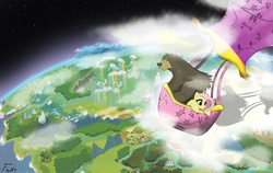 Size: 1469x928 | Tagged: safe, artist:fedte, fluttershy, harry, bear, g4, equestria, flying, hot air balloon, map, map of equestria, scenery, twinkling balloon