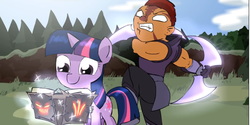 Size: 1366x685 | Tagged: safe, twilight sparkle, human, pony, unicorn, g4, anti-mage, dota 2, female, imminent death, male, mare