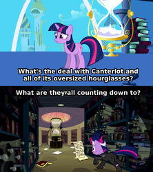 Size: 1136x1279 | Tagged: safe, edit, edited screencap, screencap, twilight sparkle, pony, friendship is magic, g4, it's about time, canterlot archives, female, future twilight, hourglass, meta, solo, twilight's canterlot home