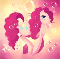 Size: 2400x2360 | Tagged: safe, artist:schwarz-one, pinkie pie, earth pony, pony, g4, balloon, bow, bubble, female, floating, looking at you, mare, solo, tail bow